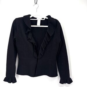 Kate Hill Wool Ruffle‎ Cardigan Small Black Boiled Wool Open